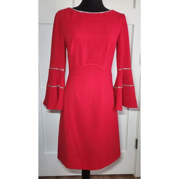 Trina Turk Socialite Ruby Red Embellished Bell Sleeves Dress Womens Size 2 - Picture 1 of 15